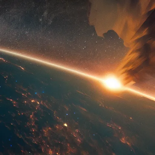 Image similar to satellite photo of a meteor hitting the planet earth, movie still, apocalyptic, cinematic, intense, detailed, space trash, epic light, 4 k, 8 k, by michel bay,