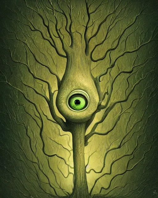 Image similar to a surreal painting of a bizarre otherworldly tree creature with many eyes, by anton semenov