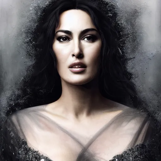 Image similar to majestic gracious regal aristocratic raven haired monica bellucci as the roman - greece vampire pandora portrait, indoors, atmospheric lighting, painted, intricate, volumetric lighting, beautiful, rich deep colours masterpiece, sharp focus, ultra detailed, by leesha hannigan, ross tran, thierry doizon, kai carpenter, ignacio fernandez rios