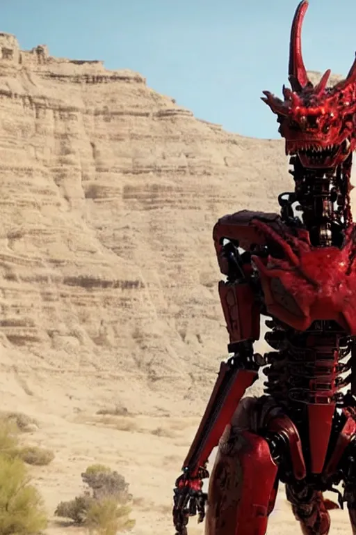 Prompt: cinematic still of westworld, a full body red si - fi robotic fantasy dragon, well armored mech dragon, highly detailed