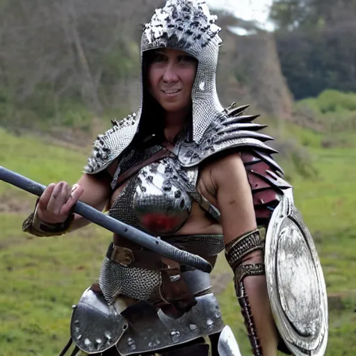 Prompt: full shot photo of a female warrior with spiky armour holding medieval flail