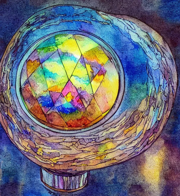 Prompt: a 1988 watercolor and ink illustration of an intricate and faceted crystal ball with a world inside of it + impasto + dissolving in to light + prism + god rays + dramatic lightning + backlit + specular + caustics