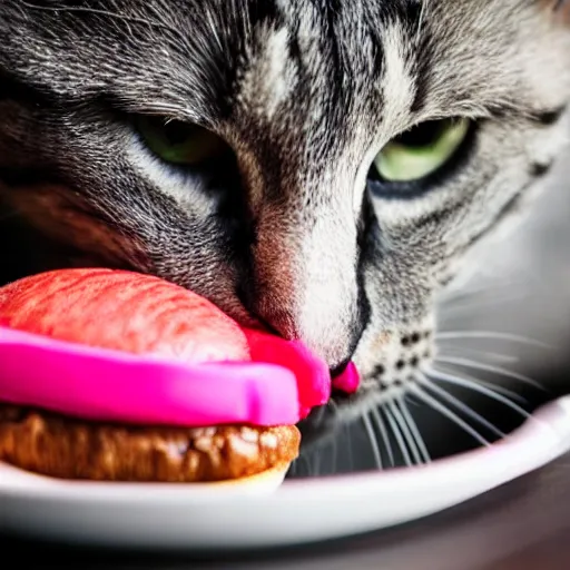 Prompt: photo of Cat biting into a juicy pink hamburger