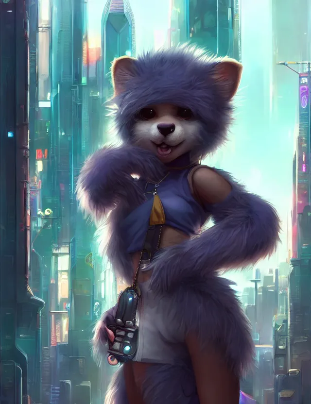 Prompt: cute young anthropomorphic furry in cyberpunk city | | cute - fine - face, pretty face, key visual, realistic shaded perfect face, fine details by stanley artgerm lau, wlop, rossdraws, james jean, andrei riabovitchev, marc simonetti, and sakimichan, trending on artstation