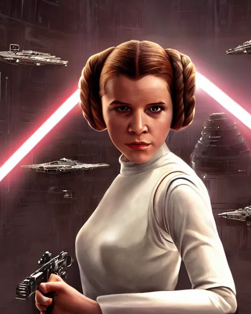 Image similar to portrait of young princess leia on the millennium falcon, star wars, gta v, hyper realistic, glamorous pose, ambient lighting, concept art, intricate, hyper detailed, smooth, action, volumetric lighting, george lucas, arney fretag, ralph mcquarrie, octane