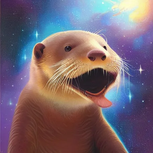 Image similar to an otter swimming through space, digital painting, detailed, full body, trending on art station, art by rhads, art by miyazaki