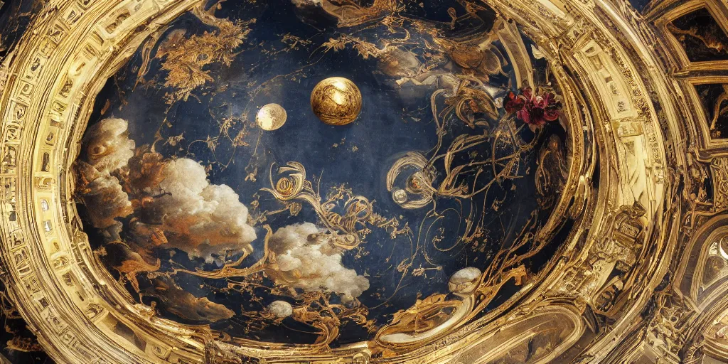 Prompt: tilt shift, huge italian masterpiece from behind, Ashford Black Marble sculpture, baroque, beautiful, gracious, pagans, marble and gold, space, stars, clouds, sun, drapes, greeks, fruits, bioluminescent, Obsidian pomegranade, lance, medieval globe, chariot, snails, render, artstation, draped with red Hibiscus and vines, ultra detailed