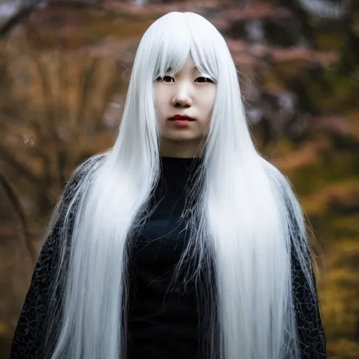 Image similar to Portrait of a japanese young lady with a long white, white hair!!!, white hair!!!, ayaka cosplay, white hair!!!, young with white hair!!!!!, Canon EOS R3, f/1.4, ISO 200, 1/160s, 8K, RAW, unedited, symmetrical balance, in-frame