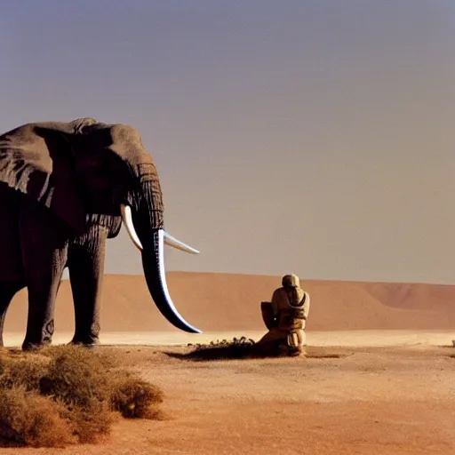 Image similar to photo of elephant on the background of mos eisley on tatooine, 5 0 mm, beautiful photo