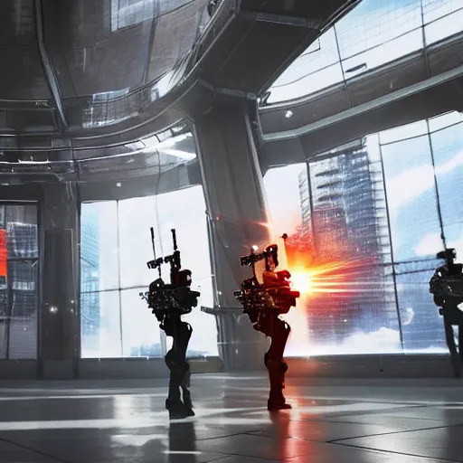 Prompt: british royal guard androids firing lasers, futuristic look, highly detailed, photorealistic camera shot, crisp quality and light reflections, in london bridge, futuristic city, ambient occlusion, cinematic lighting, octane render