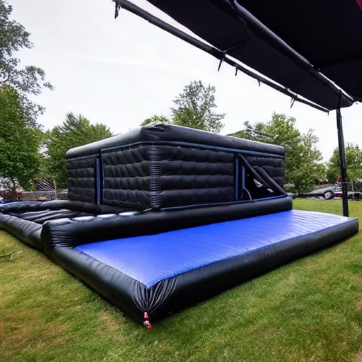 Image similar to A black trampoline next to A bouncy house with a ball pit inside a big empty room with windows