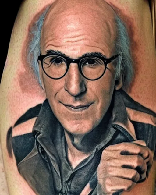 Prompt: a really bad tattoo of larry david, realism tattoo