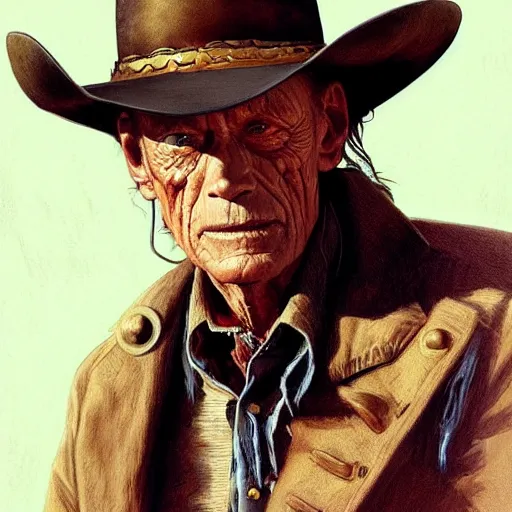 Image similar to a man, lance henriksen, cowboy hat, portrait, wild west, fantasy, highly detailed, digital painting, artstation, concept art, sharp focus, illustration, art by artgerm and greg rutkowski and alphonse mucha