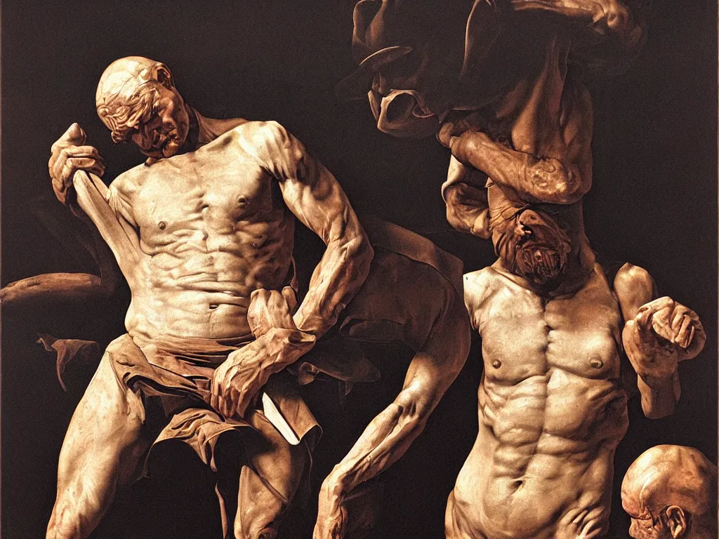 Prompt: Calvin, The tired, sweaty, muscular worker of the golden arches. Painting by Caravaggio, Sebastiao Salgado