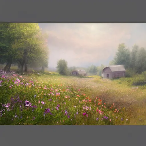 Image similar to a matte painting of a european prairie, cottages, foggy, patchy flowers, oil painting, pale colors, high detail, 8 k, wide angle, trending on artstation,