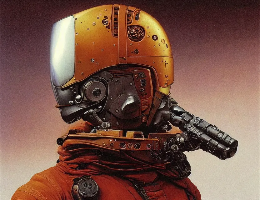 Prompt: a detailed portrait painting of a lone bounty hunter a flight suit and a reflective visor. Lasers coming from the eyes. Head and chest only. Movie scene, cinematic sci-fi scene. Flight suit. Futurism by beksinski carl spitzweg moebius and tuomas korpi. baroque elements. baroque element. intricate artwork by caravaggio. Oil painting. Trending on artstation. 8k