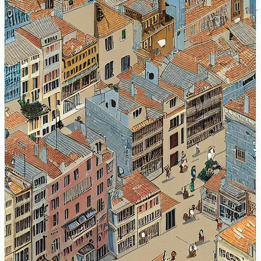 Image similar to isometric view illustration of a medieval Marseille street corner, highly detailed, mid day by Victo Ngai