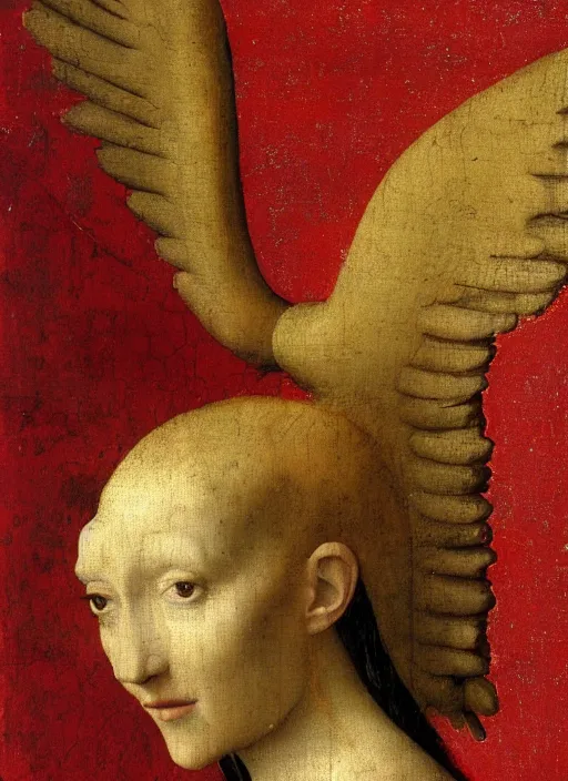 Image similar to profile of a fallen angel dressed in red with wings by Jan van Eyck, Hieronymus Bosch, Johannes Vermeer 4k post-processing, highly detailed medieval painting