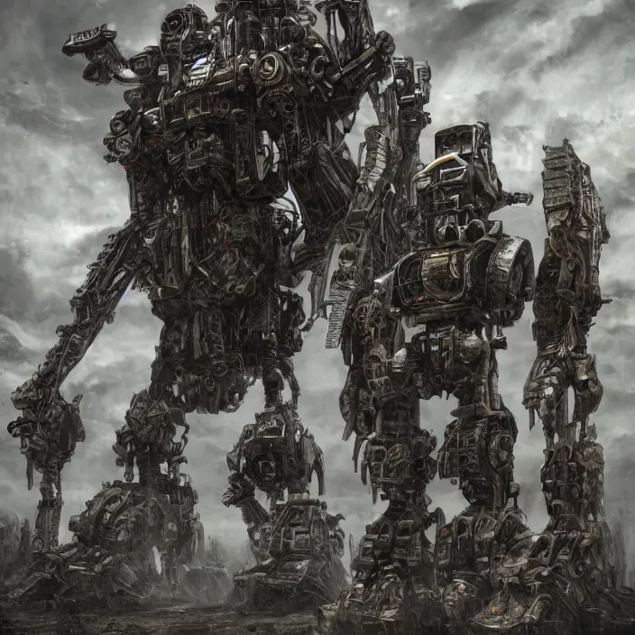 Image similar to human standing next to mech - warrior, hyper - detailed, sharp focus, 4 k ultra hd, fantasy dark art, apocalyptic art