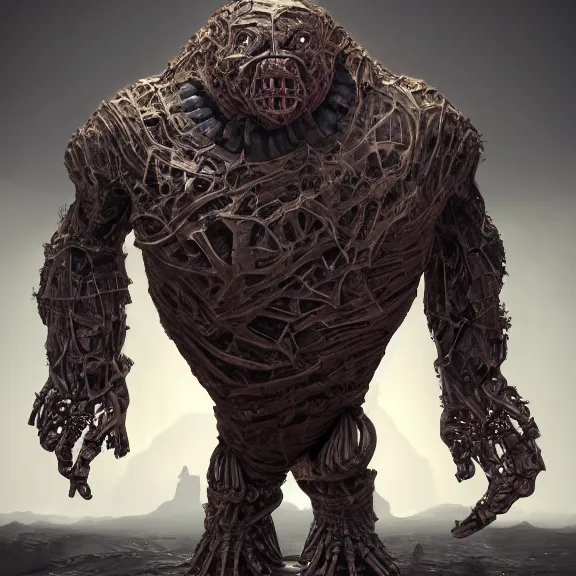 Image similar to highly detailed full body picture of a biomechanical golem, grotesque, bizarr, fleshy, character art, studio lightning, dark colors, intricate, masterpiece, photorealistic, hiperrealistic, sharp focus, high contrast, Artstation HQ, DeviantArt trending, 4k UHD, Unreal Engine 5