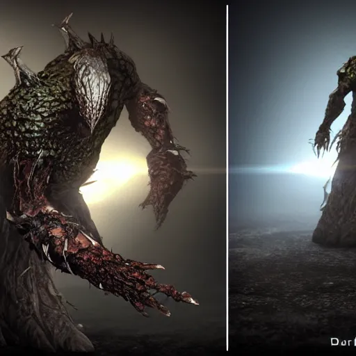 Image similar to elden ring, dark souls, humanoid turtle monster, photorealistic, grimdark, gruesome, full height, front and side view