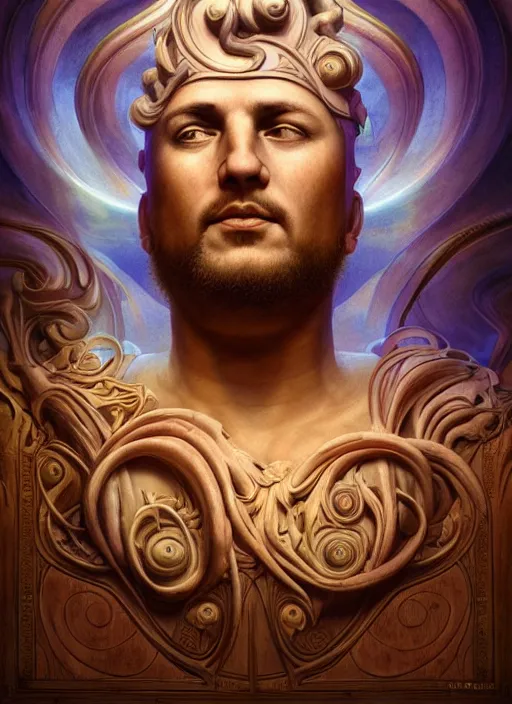 Image similar to roman emperor, wooden art nouveau swirls, subsurface scattering, in the style of james jean and tomasz alen kopera, mystical colors, rim light, soft lighting, 8 k, stunning scene, raytracing, octane render, trending on artstation