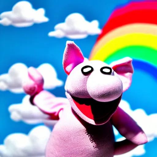 Image similar to studio photograph of a flying pig with wings depicted as a muppet in a blue sky with cotton ball clouds and rainbows