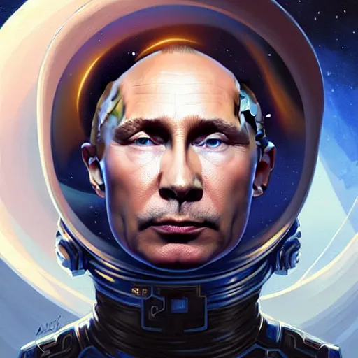 Image similar to Portrait of Putin in space, D&D, blue eyes, face, fantasy, intricate, elegant, highly detailed, digital painting, artstation, concept art, smooth, sharp focus, illustration, art by artgerm and greg rutkowski and alphonse mucha