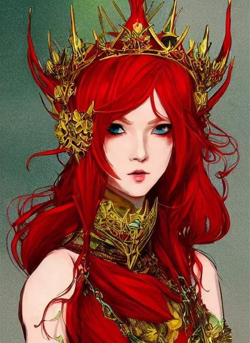 Image similar to Full body portrait of a beautiful red haired elven queen wearing red, green and gold queen dress and elaborate golden crown, bored look. In style of Yoji Shinkawa and Hyung-tae Kim, trending on ArtStation, dark fantasy, great composition, concept art, highly detailed.