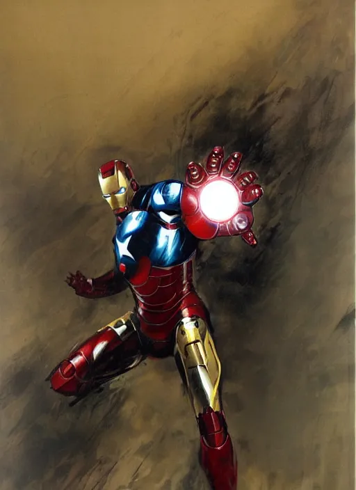 Image similar to iron man fighting captain america painting by phil hale, francisco goya,'action lines '!!!, graphic style, visible brushstrokes, motion blur, blurry, hd image