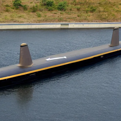 Image similar to navy nuclear submarine with wheels driving on the highway