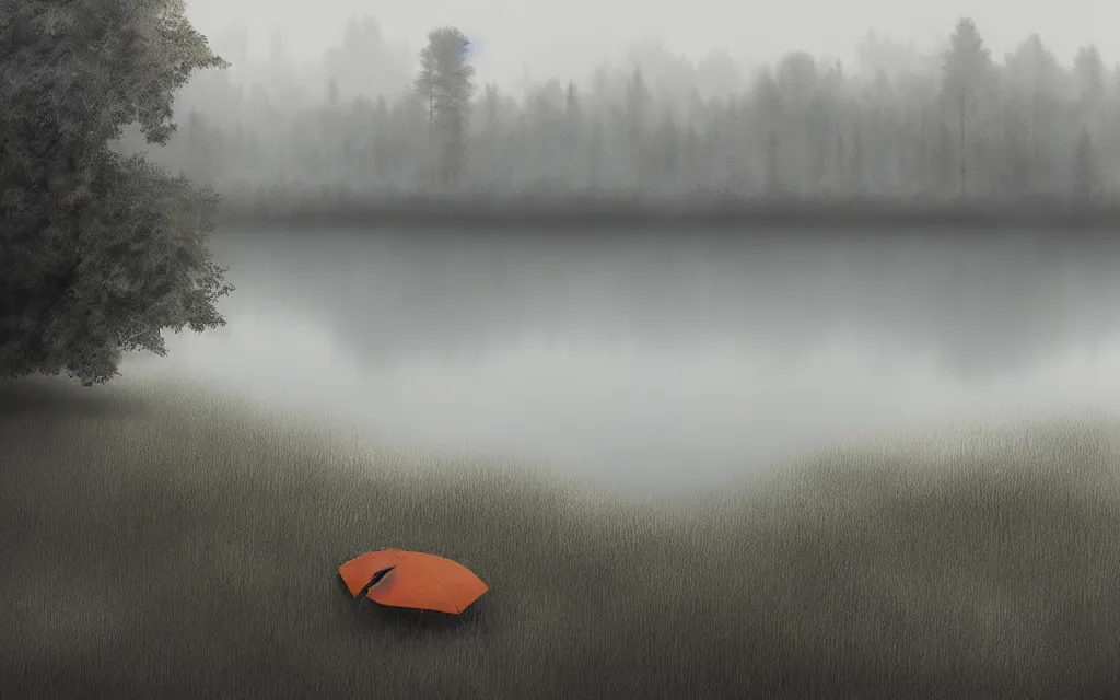 Image similar to a lake in the foreground, dramatic gray atmosphere, high quality, fog on the water, trees with orange dry leaves in the background, gray clouds digital realistic illustration artem demura