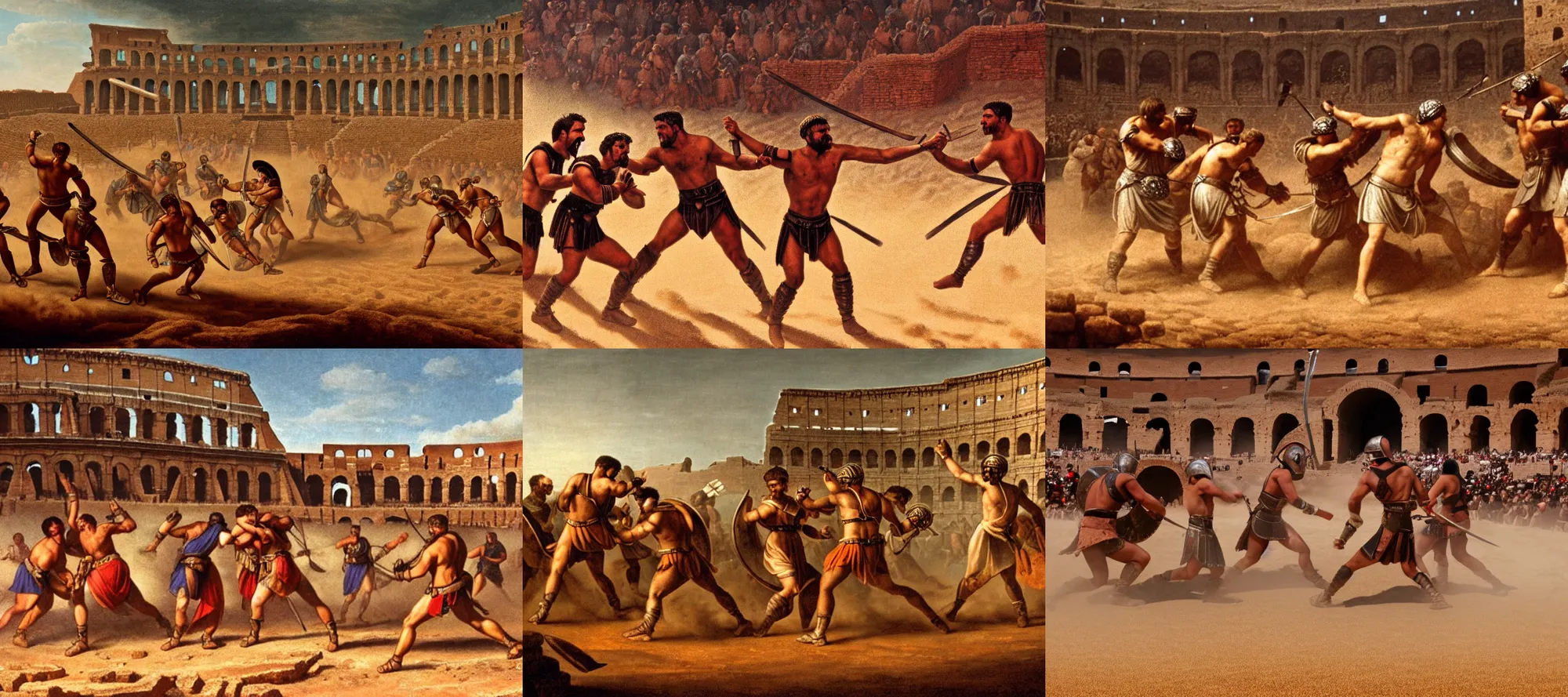 Prompt: Gladiators fighting in a roman colosseum sandstorm