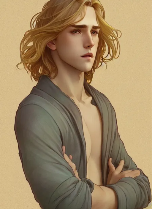 Image similar to pretty young man with shoulder length shiny shimmering golden blond hair, half body shot, path traced, highly detailed, high quality, digital painting, by studio ghibli and alphonse mucha, leesha hannigan, hidari, disney