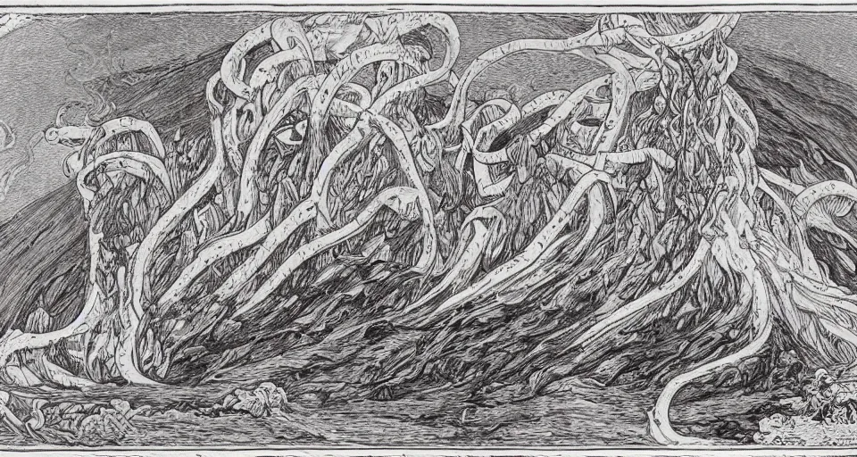 Prompt: a volcano made of ivory vines and crimson rocks enters in eruption, it spits a smoke in the shape of demonic eye, by Ivan Bilibin,