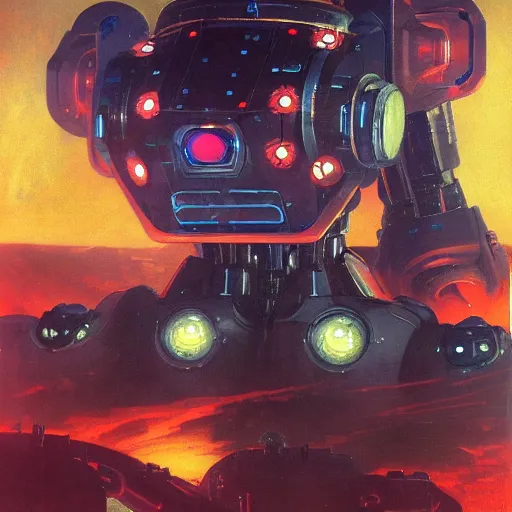 Image similar to a dark and colorful close - up of a sci - fi mecha robot with led lights glowing fog in the background. highly detailed science fiction painting by norman rockwell, frank frazetta, and syd mead. rich colors, high contrast, gloomy atmosphere, dark background. trending on artstation