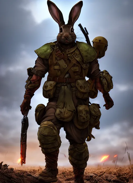 Prompt: an epic fantasy comic book style portrait painting of an militar rabbit in a battlefield, menacing. unreal 5, daz, hyperrealistic, octane render, cosplay, rpg portrait, dynamic lighting