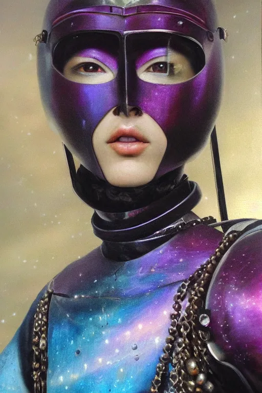 Image similar to hyperrealism oil painting, close-up portrait of medieval fashion model, knight, steel gradient mixed with nebula sky, in style of baroque mixed with 70s japan book art