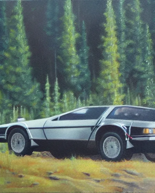 Prompt: delorean in the altai forest, detailed oil painting