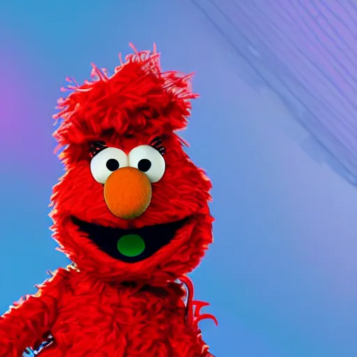 Image similar to Elmo from sesame street dressed up as a mega stylish rapper, wearing a hoodie and gold chain and backwards hat, in New York City, highly detailed, 4K, moody lighting, 90’s vibe, 3d render, octane redshift, 8k