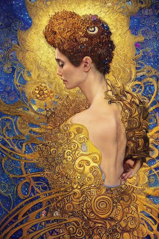 Image similar to Visions of Paradise by Karol Bak, Jean Deville, Gustav Klimt, and Vincent Van Gogh, visionary, otherworldly, fractal structures, infinite celestial wings, ornate gilded medieval icon, third eye, spirals, heavenly spiraling clouds with godrays, airy colors