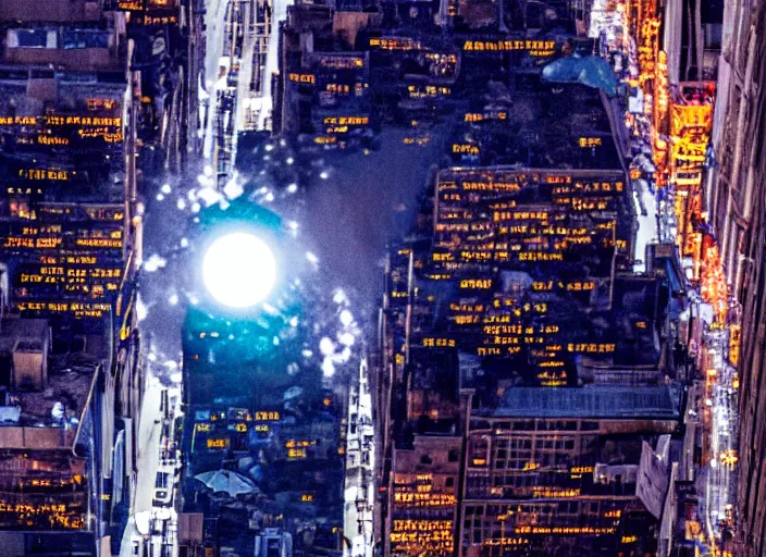 Image similar to film still of the moon shattering into pieces over time square in the new disaster movie, 8 k, night time