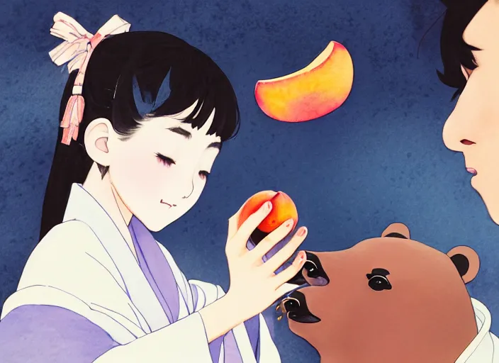 Prompt: water color painting of a girl wearing a kimono giving a peach to a large anthropomorphic asian black bear, featured in artstation, artgerm, octane render, award winning, cinematic, elegant, intricate, 8 k, close up, in the style of studio ghibli and heikala and alphonse mucha,