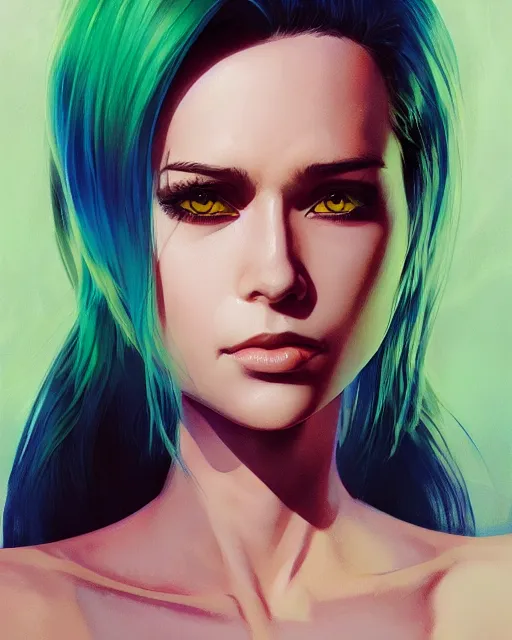 Image similar to half - lizard woman with cute - fine - face, pretty face, oil slick hair, realistic shaded perfect face, extremely fine details, by realistic shaded lighting, dynamic background, poster by ilya kuvshinov katsuhiro otomo, magali villeneuve, artgerm, jeremy lipkin and michael garmash and rob rey, and silvain sarrailh