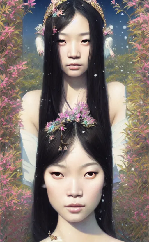 Image similar to a beautiful young charming asian goddess with sundress + jewelry + shinny eyes | | winter, symmetric, realistic shaded, unpleasant face, good looking, fine details, dior, lv, realistic shaded lighting poster by greg rutkowski, macoto takahashi, magali villeneuve, artgerm, jeremy lipkin and michael garmash