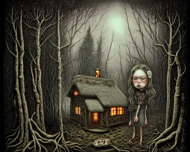 Image similar to intricate detailed portrait of a character in front of a cabin in a dark mysterious forest by mark ryden