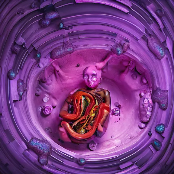 Image similar to detailed shot inside a goddess' cavernous synthetic stomach, the walls purple and pulsing, slimy and hot, lots of acid pooling up on the floor, digesting a bunch humans graphically, food pov, micro pov, vore, digital art, furry art, high quality, 8k 3D realistic, macro art, micro art, Furaffinity, Deviantart, Eka's Portal, G6