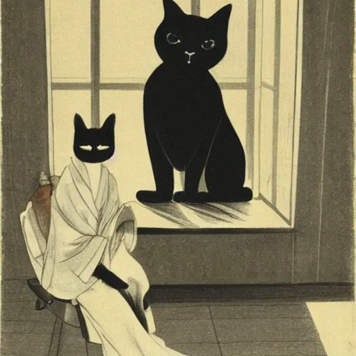 Prompt: A young lady in a kimono with almond-shaped eyes, sitting on a chair in a huge empty room, a black cat sitting on the window, a girl smiling, black and white, pencil, style