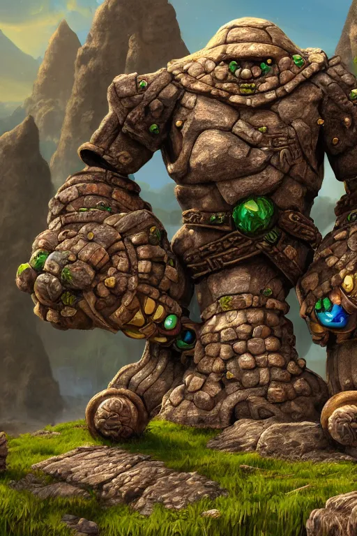 Image similar to zelda fantasy art giant golem troll wood rock greeble gemstone, global illumination ray tracing hdr fanart arstation by sung choi and eric pfeiffer and gabriel garza and casper konefal