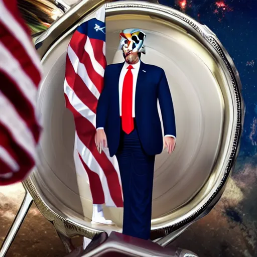 Image similar to Donald Trump with cosmonaut body, realistic artstyle, wide shot, dramatic lighting, octane render, hyperrealistic, high quality, highly detailed, HD, beautiful, cinematic, 8k, unreal engine, facial accuracy, symmetrical